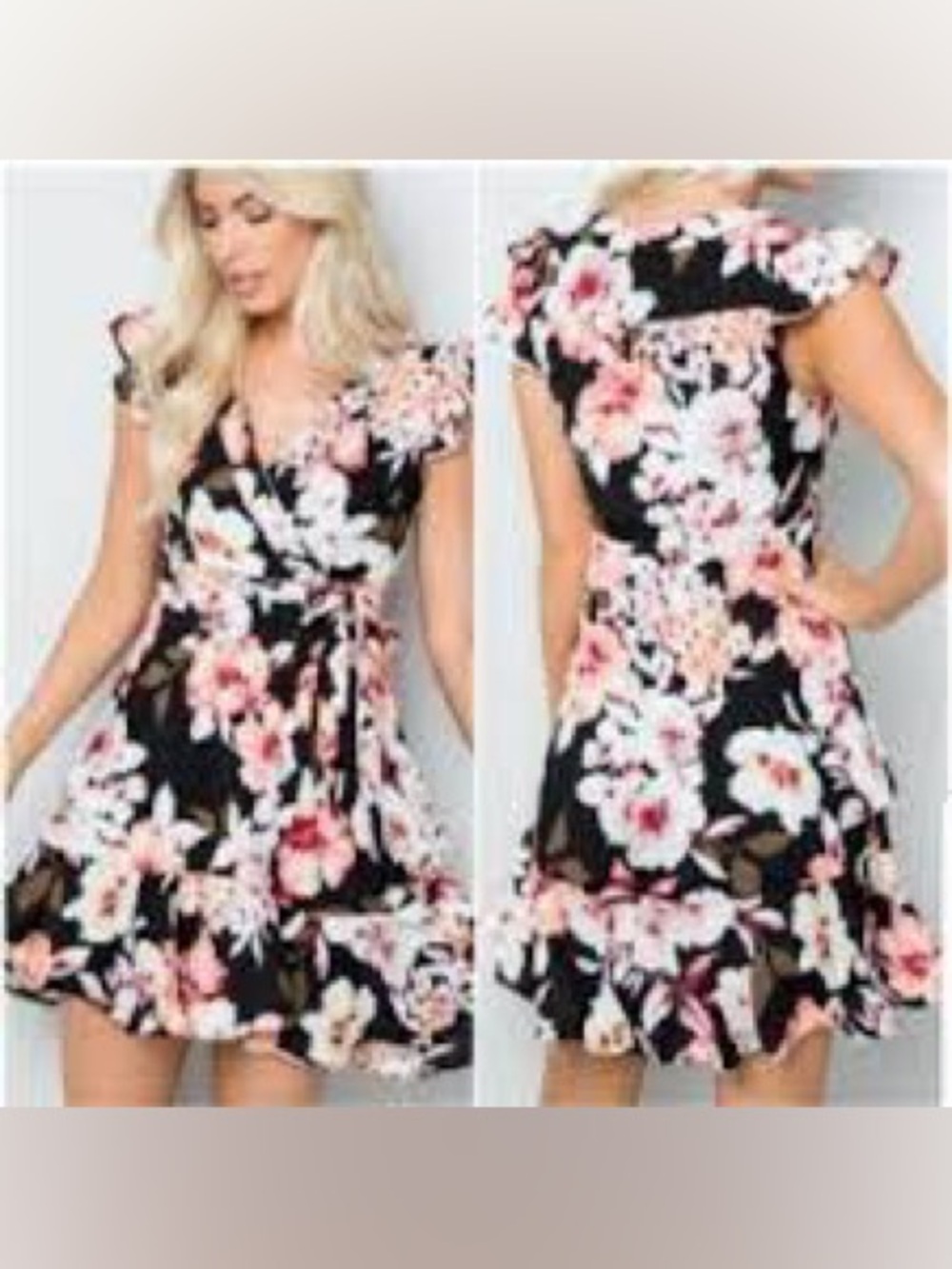 miami Black Floral Wrap Dress with Pink and White Blooms
